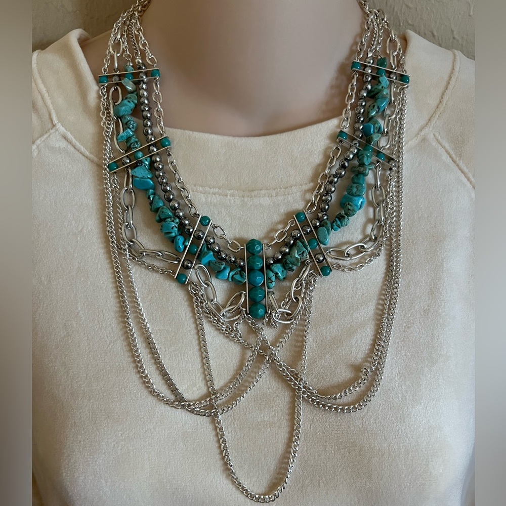 Draped Chains and Turquoise Silver-Tone
Necklace